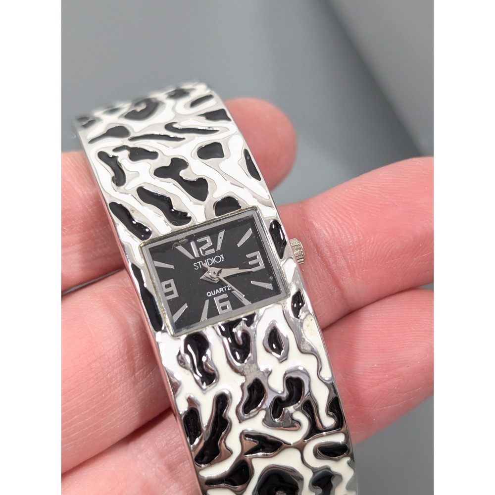 Studio Black White Enamel Hinge Bracelet Cuff Watch Womens 7" - Picture 5 of 9